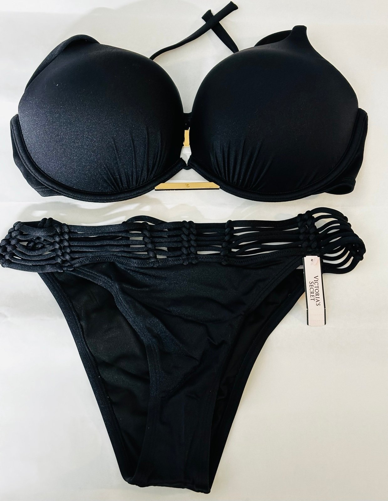 NWT Victoria's Secret Bikini~Black Bombshell +2Cups~Macrame Banded Itsy~36D/L