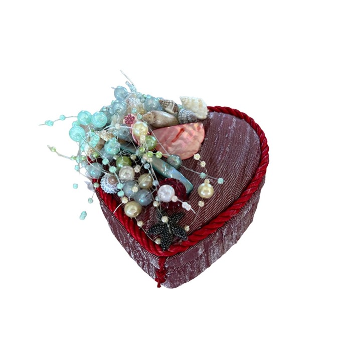 Handcrafted Fabric Covered Heart Shaped Trinket Box with Embellished Lid Handcrafted Fabric Covered Heart Shaped Trinket Box with Embellished Lid