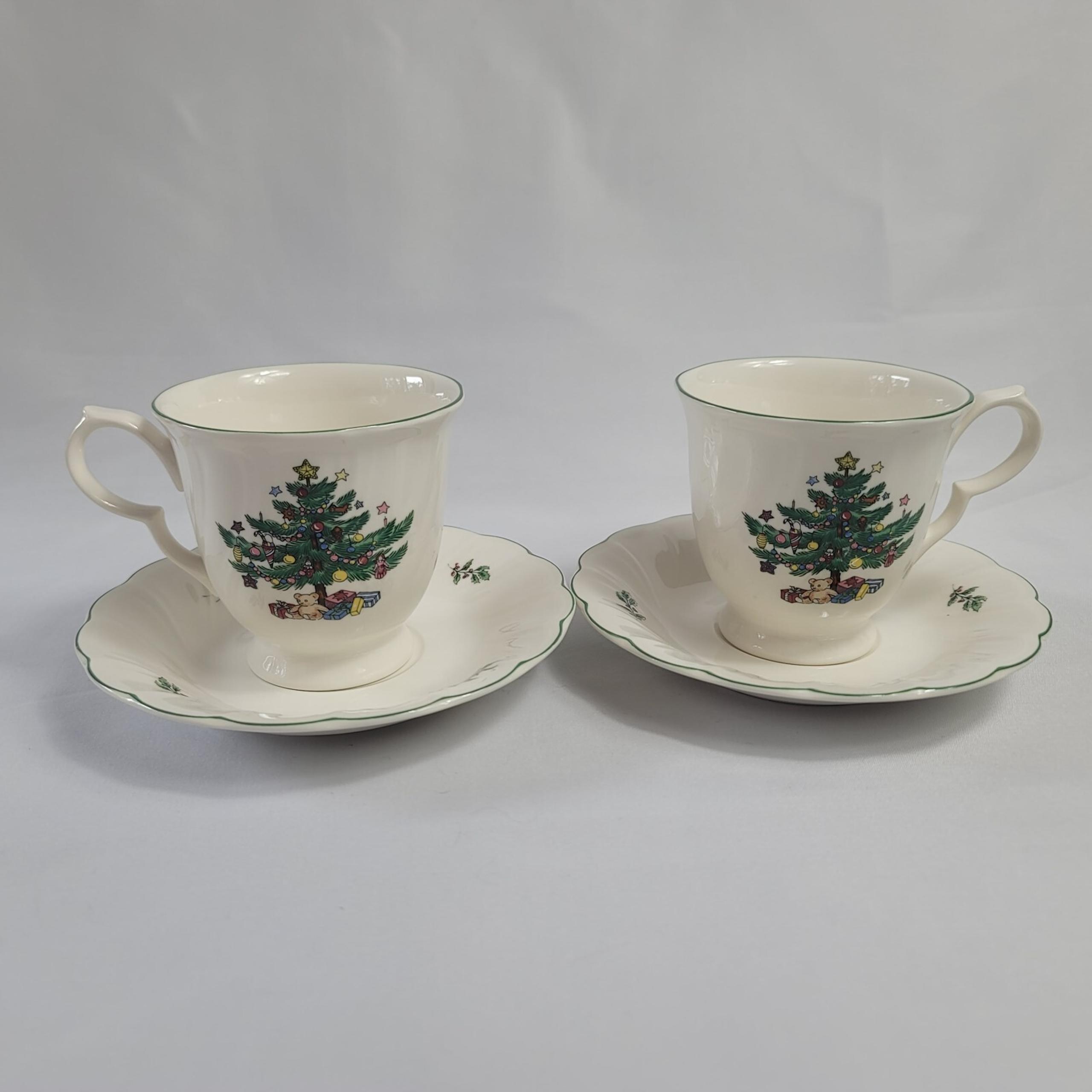 TWO Happy Holidays Cup & Saucer Sets White with Christmas Tree - Nikko