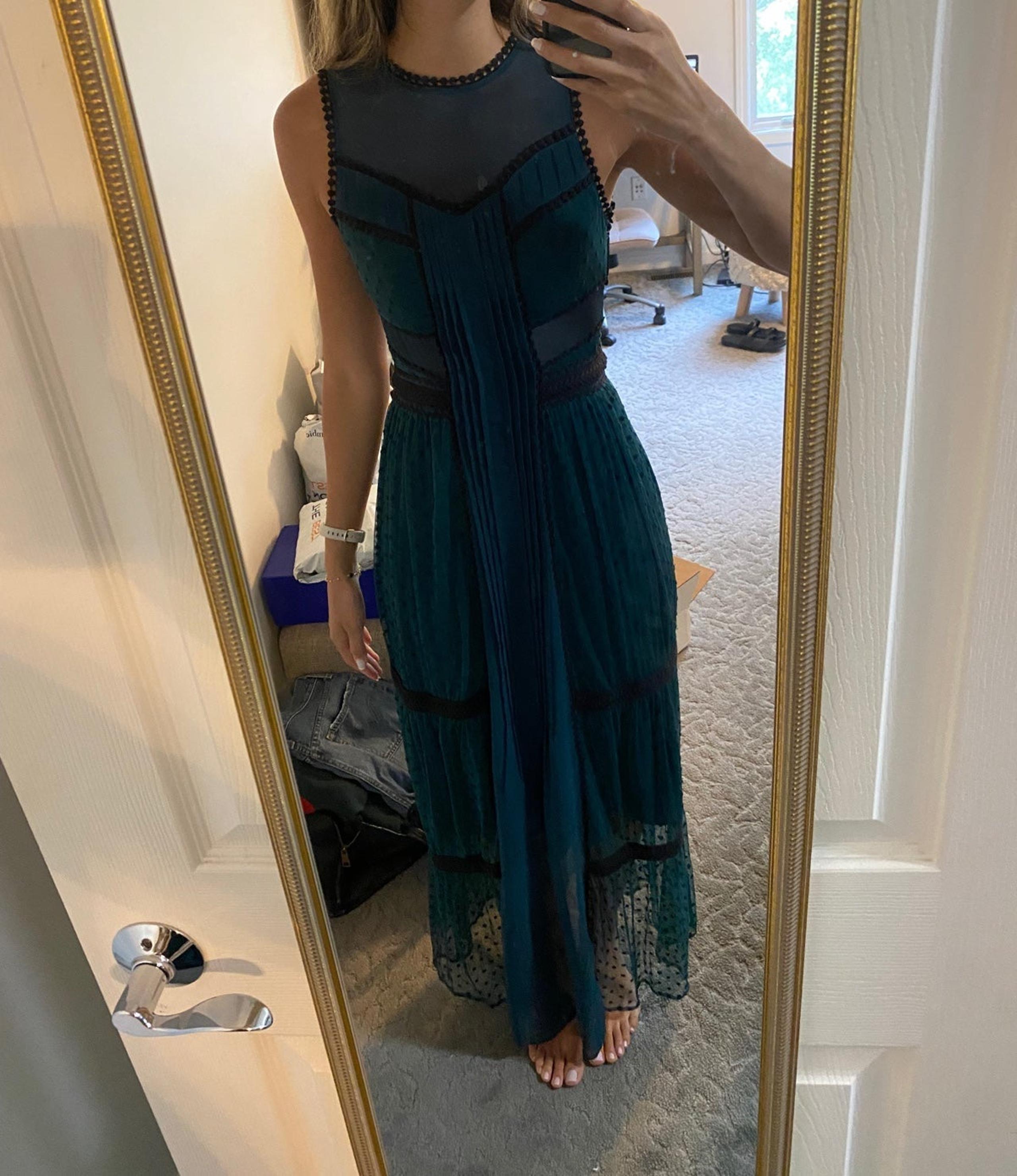 Embroidered teal dot evening dress