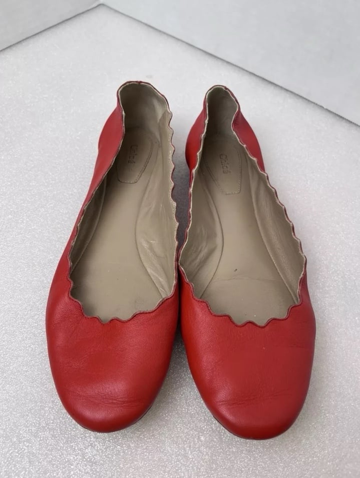 Chloe Womens Lauren Ballet Flat Shoes Red Leather Slip On Scalloped EUR 36.5 6.5