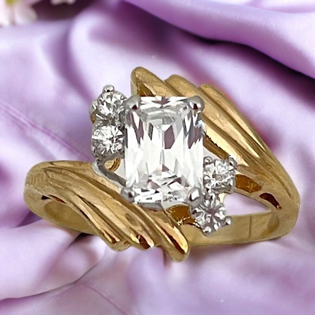 Vintage Ring Size 6 Cubic Zirconia Solitaire 14K Gold Plate Mid-Century MCM 14R