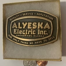 Vintage 1984 Metal Belt Buckle, Brass, Alyeska Electric Inc, Anchorage Alaska