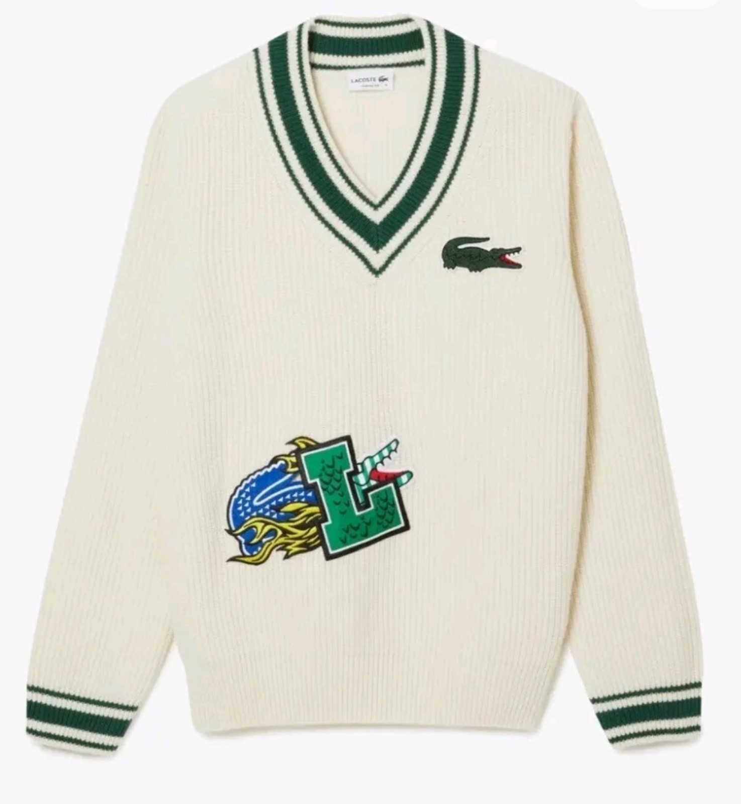 Lacoste Men's Comic Badge Classic Fit V-Neck 100% Wool Sweater