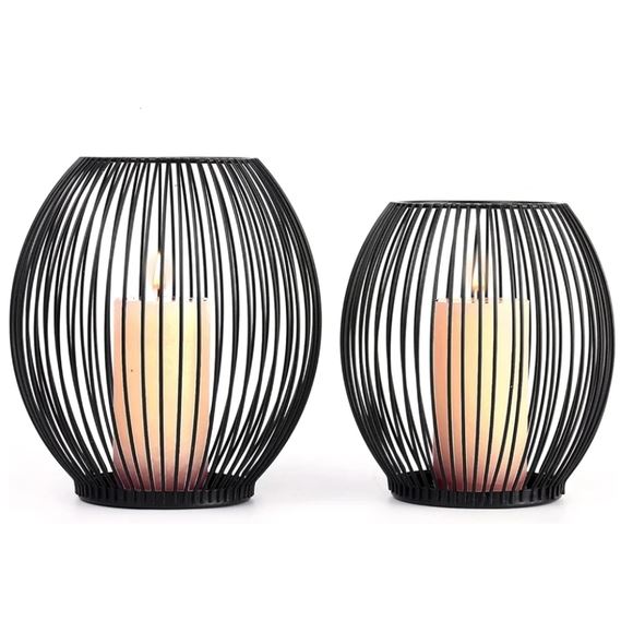 NEW 2 Black Metal Candle Holders Set Black Pillar Candle Holder