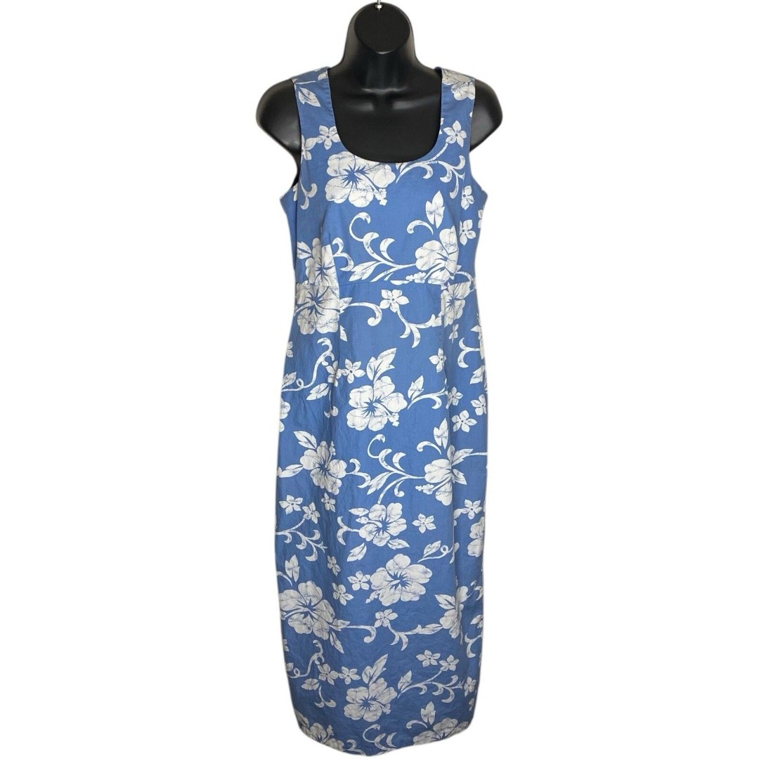 Vtg Hilo Hattie Dress Midi Maxi Womens 6 Hibiscus Hawaiian Tropical Floral Blue