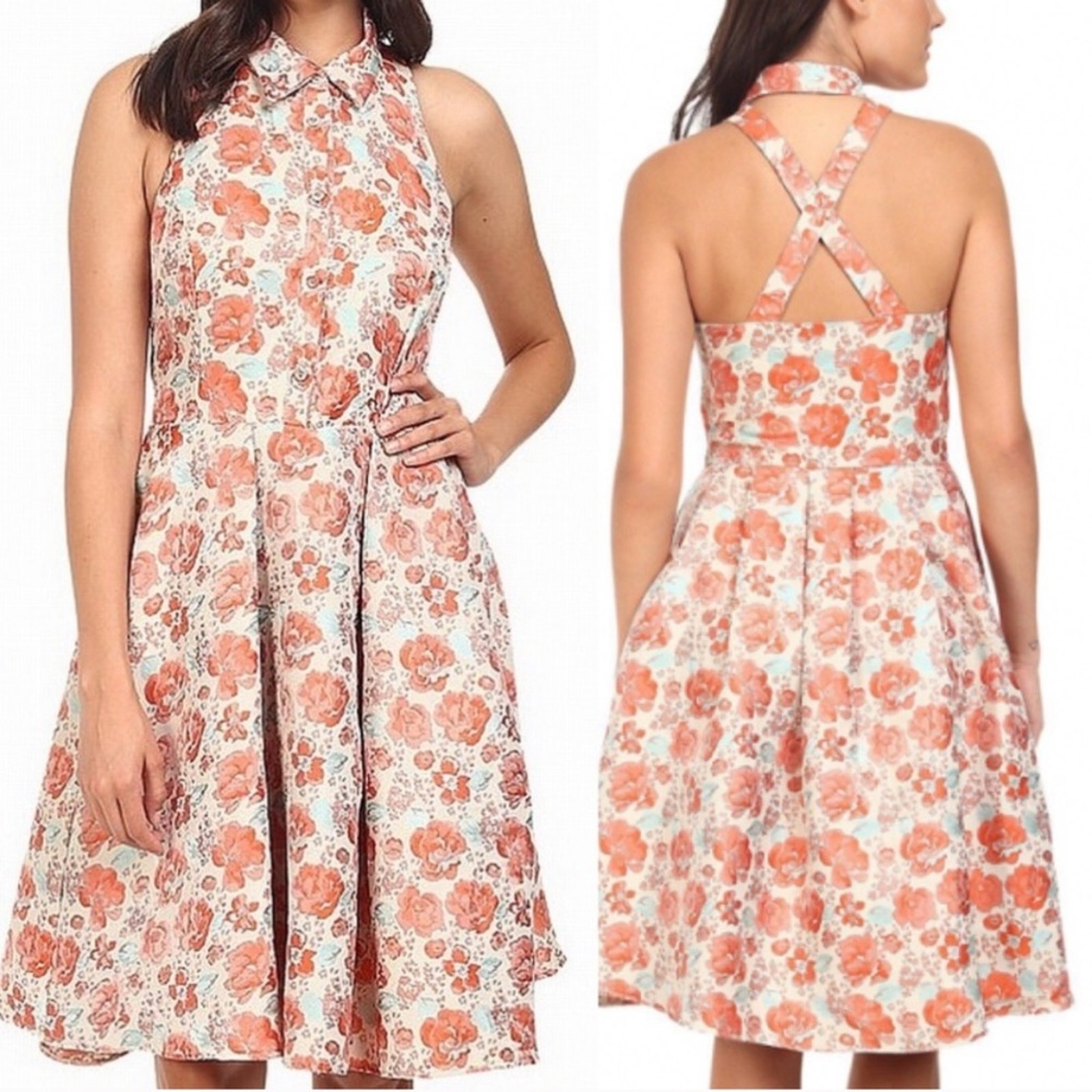 Eva Franco floral cream coral halter dress NWT size 0