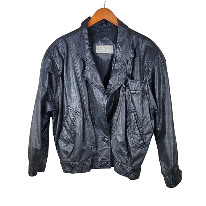 Vintage 80s Black Leather Moto Coat Jacket Sz Medium Bomber Biker Oversize Punk