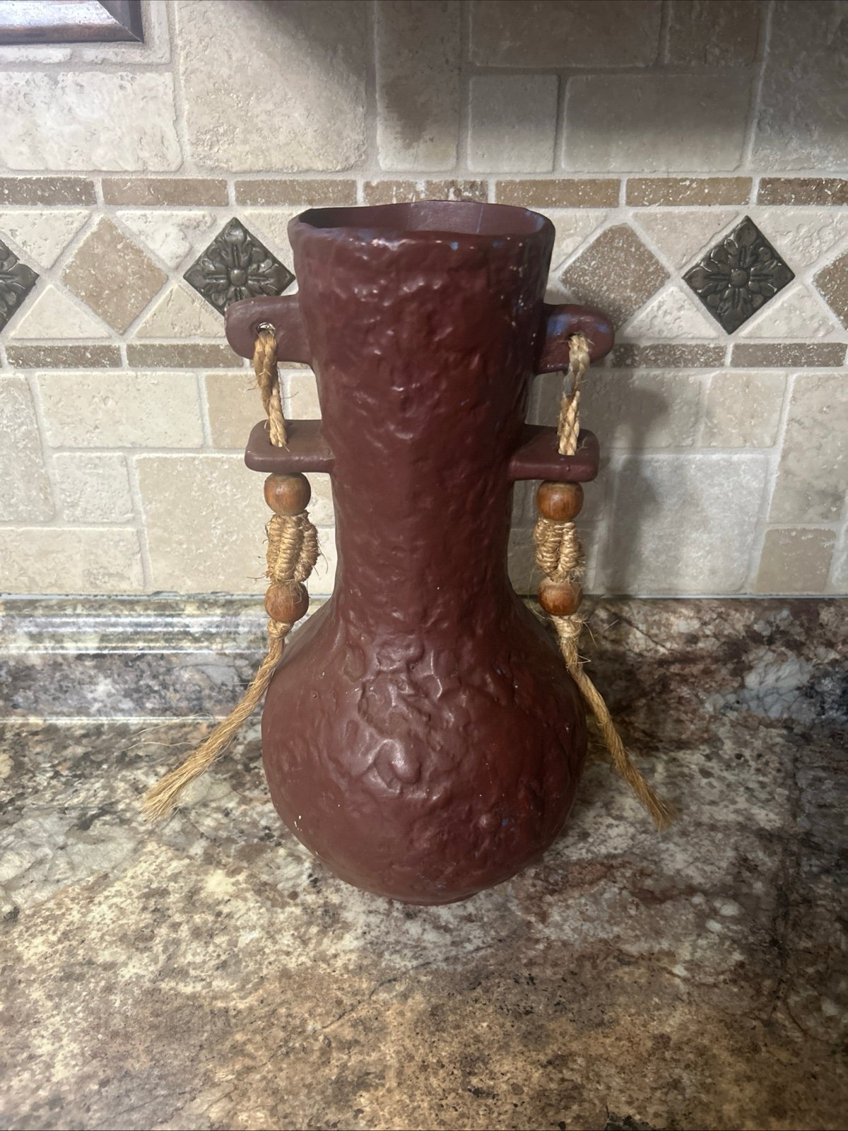 Large Primitive Pottery Vase w/Twine, Rope & Beads 13.5” High•Brown Vessel