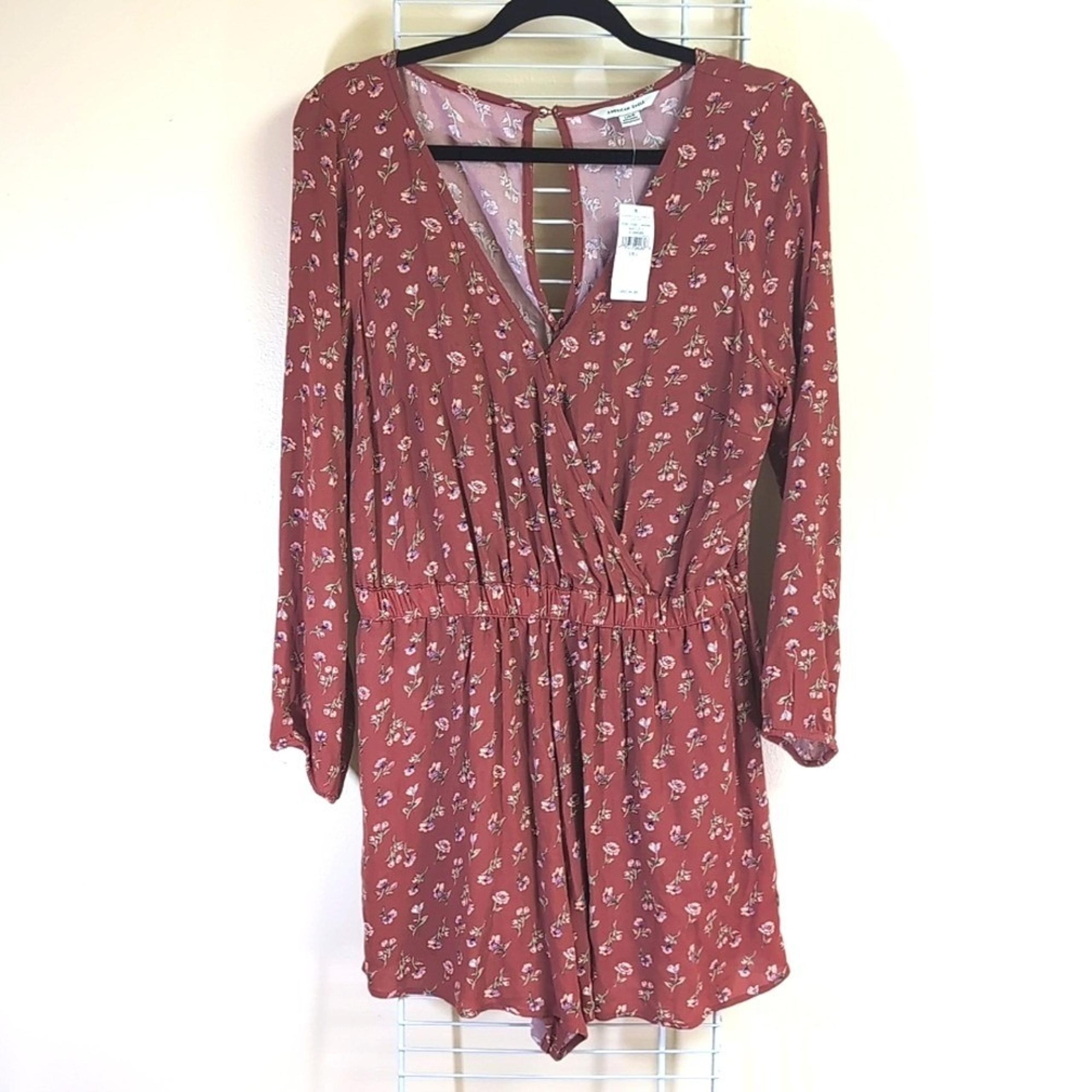 American Eagle Large Rust Balloon Sleeve V Neck Floral Women's Romper w/ Pockets