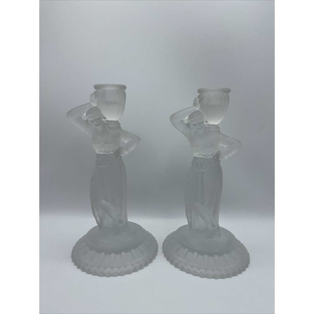 1960s Fostoria Glass Rebecca at the Well Candlestick Holders Satin Frosted Pair