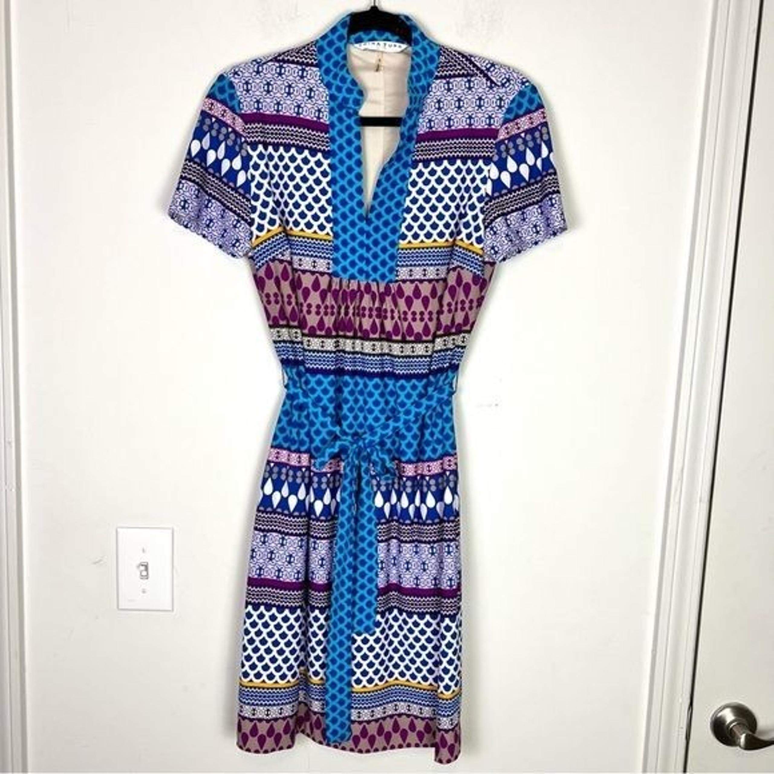 Trina Turk dress womens S Blue Multicolor TIe Waist Knee Length Casual Bright
