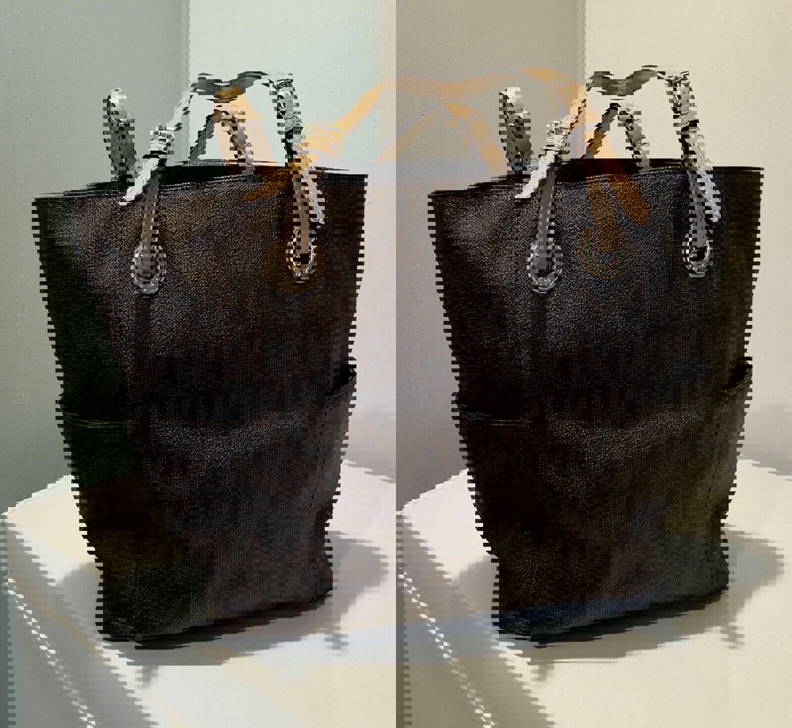 Michael Kors Mongram Logo Tote Shoulder Bag, Brown Designer Bag Roomy
