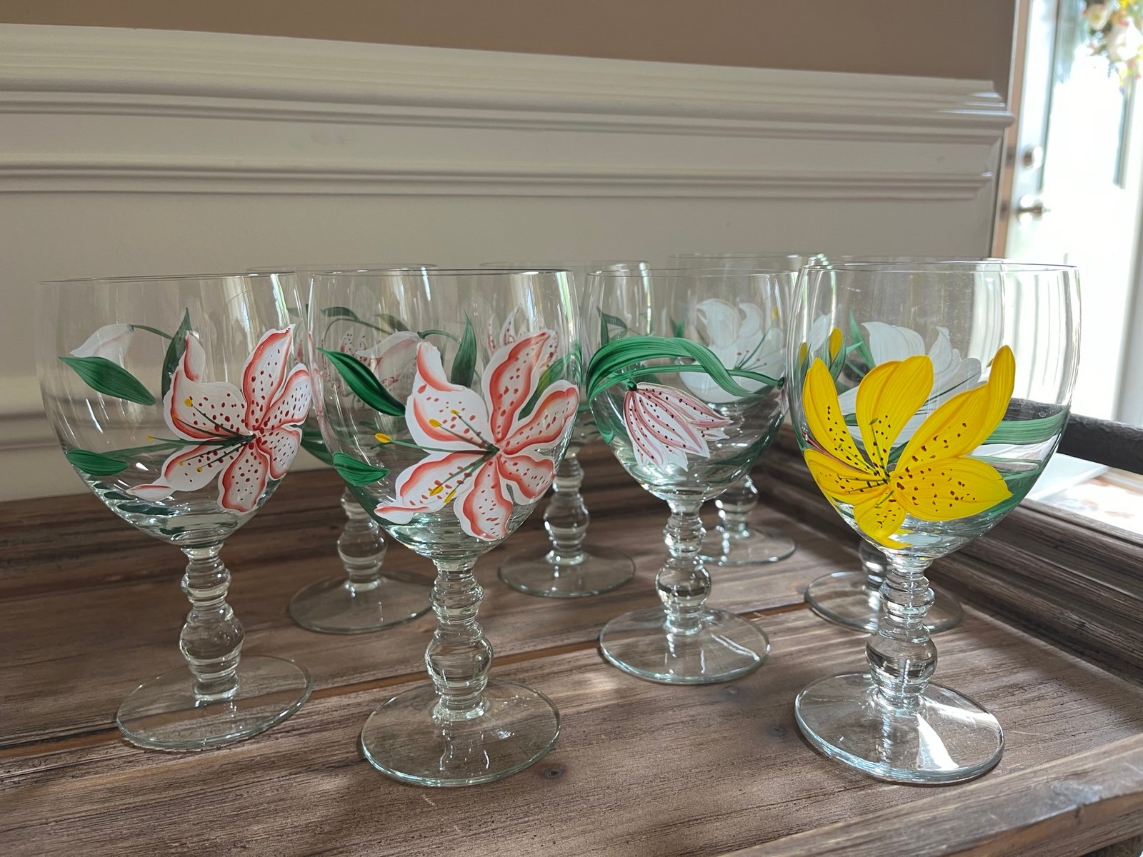 Vintage Set of 6 Hand Painted Clear Glass Wine Goblets with Designed Stems