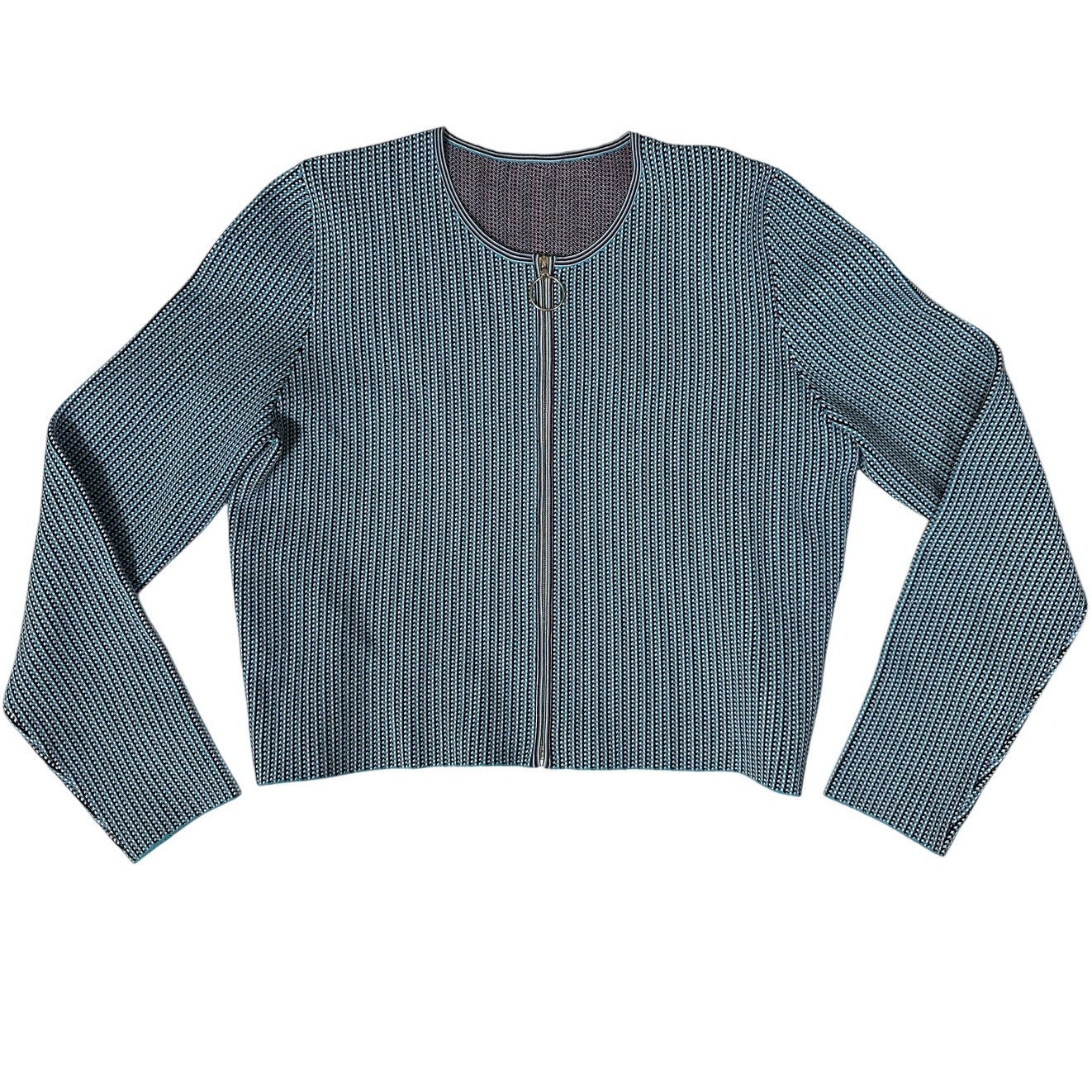 Akris Punto Blue Houndstooth Check Zip Front Knit Cardigan Jacket size Medium