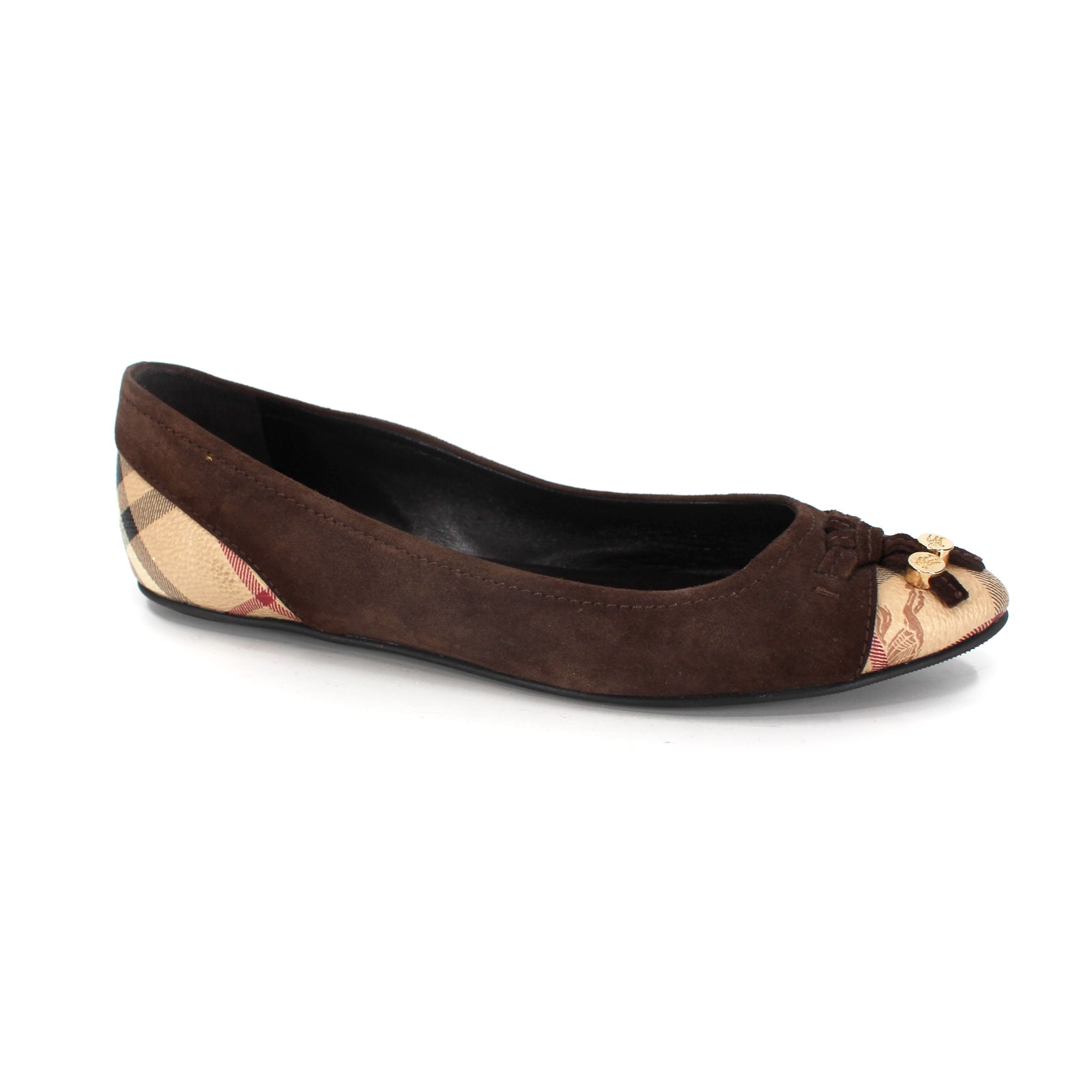 Burberry Suede Nova Check Flats Brown Pebbled Leather Charm Cap Toe Size 37