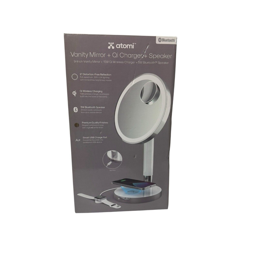 Atomi 9 LED Vanity Mirror With Qi Wireless Charger And Bluetooth Speaker New