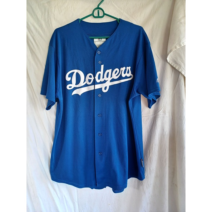 MLB Baseball Jersey #12 Lott Dodgers Button Front Majestic Size L Blue