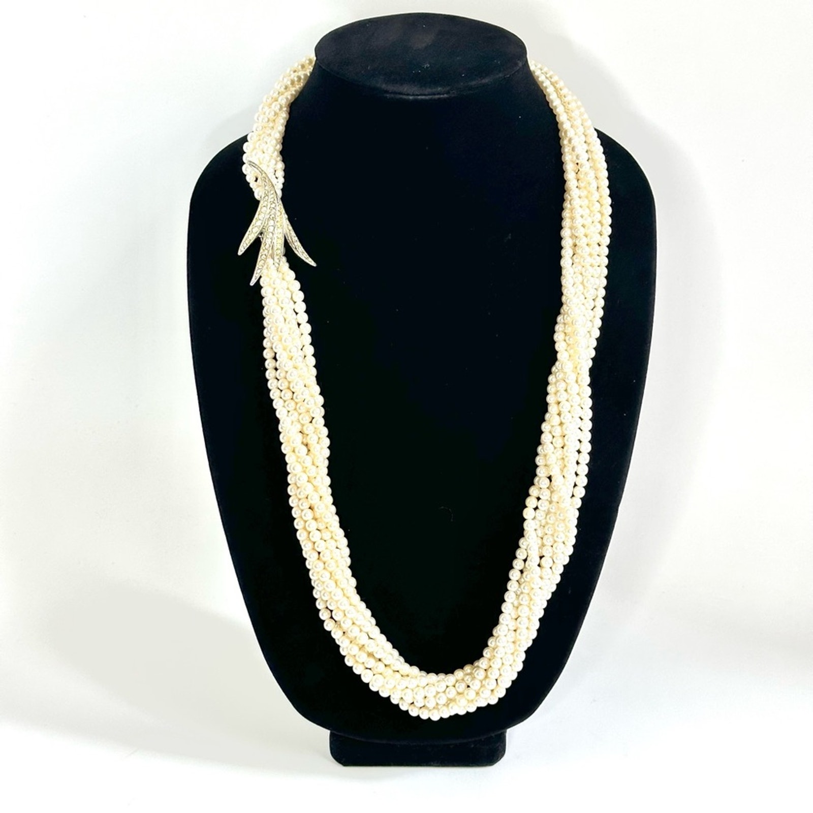 Vintage 80’s Faux Pearl Torsade Necklace With Silver Rhinestone Pendant