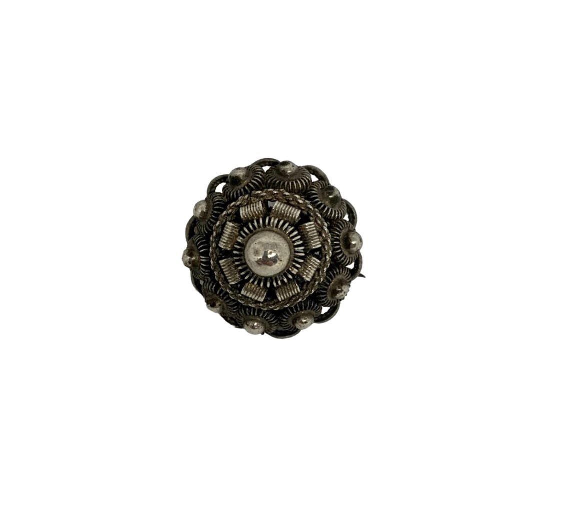 Antique Victorian Small Solid Silver Circular Silver Bead Filigree Brooch Pin