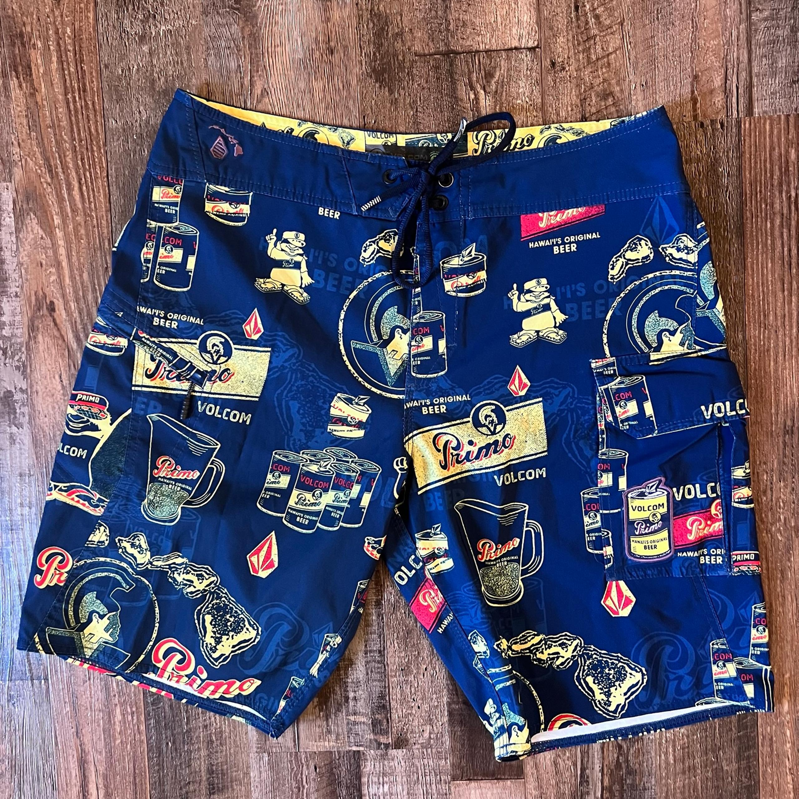 RARE Volcom Primo Beer Collab Board Shorts Men’s Size 32 Surf Navy Blue Yellow