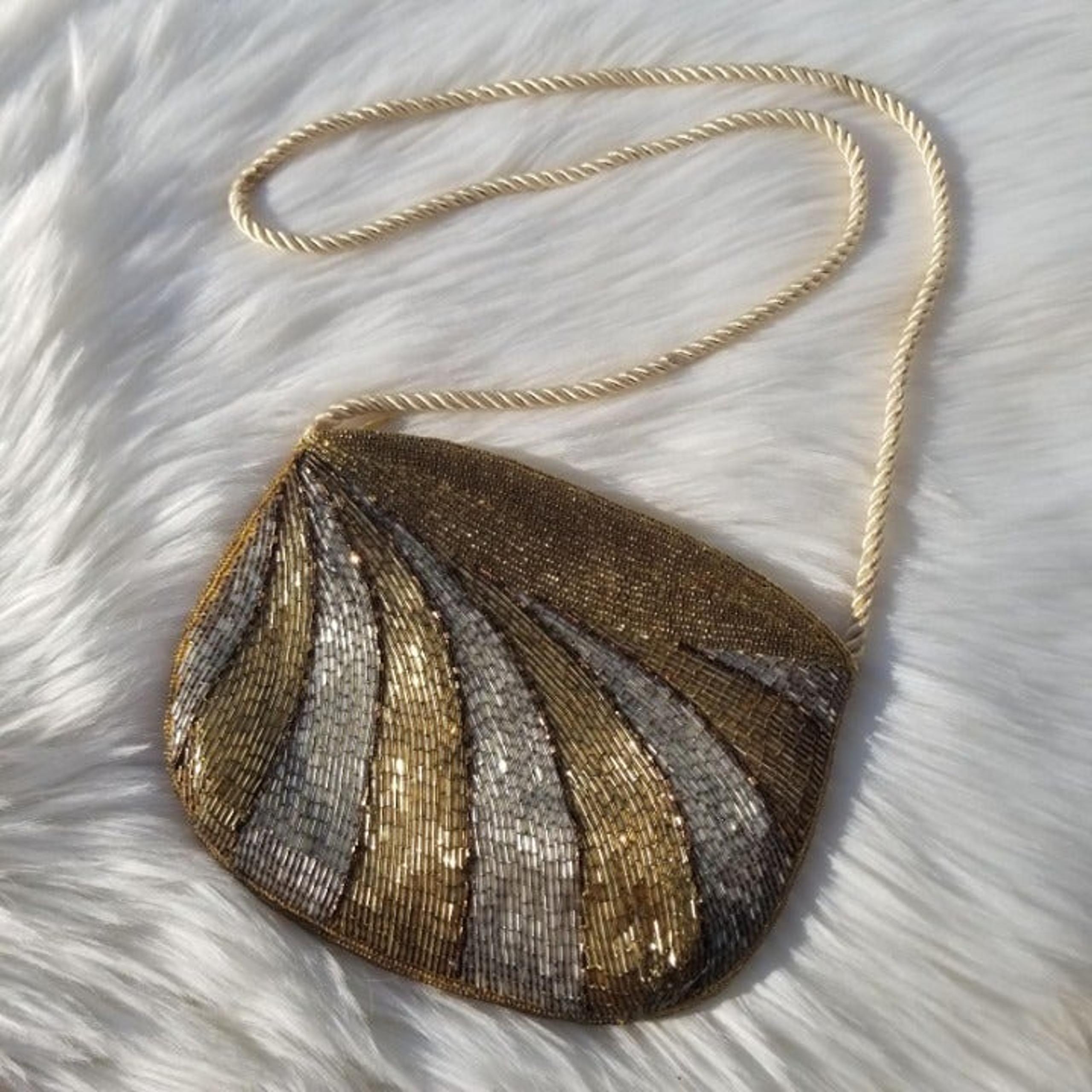 Vintage Purse Gold Silver Beaded Handbag vtg retro mcm antique metallic flapper
