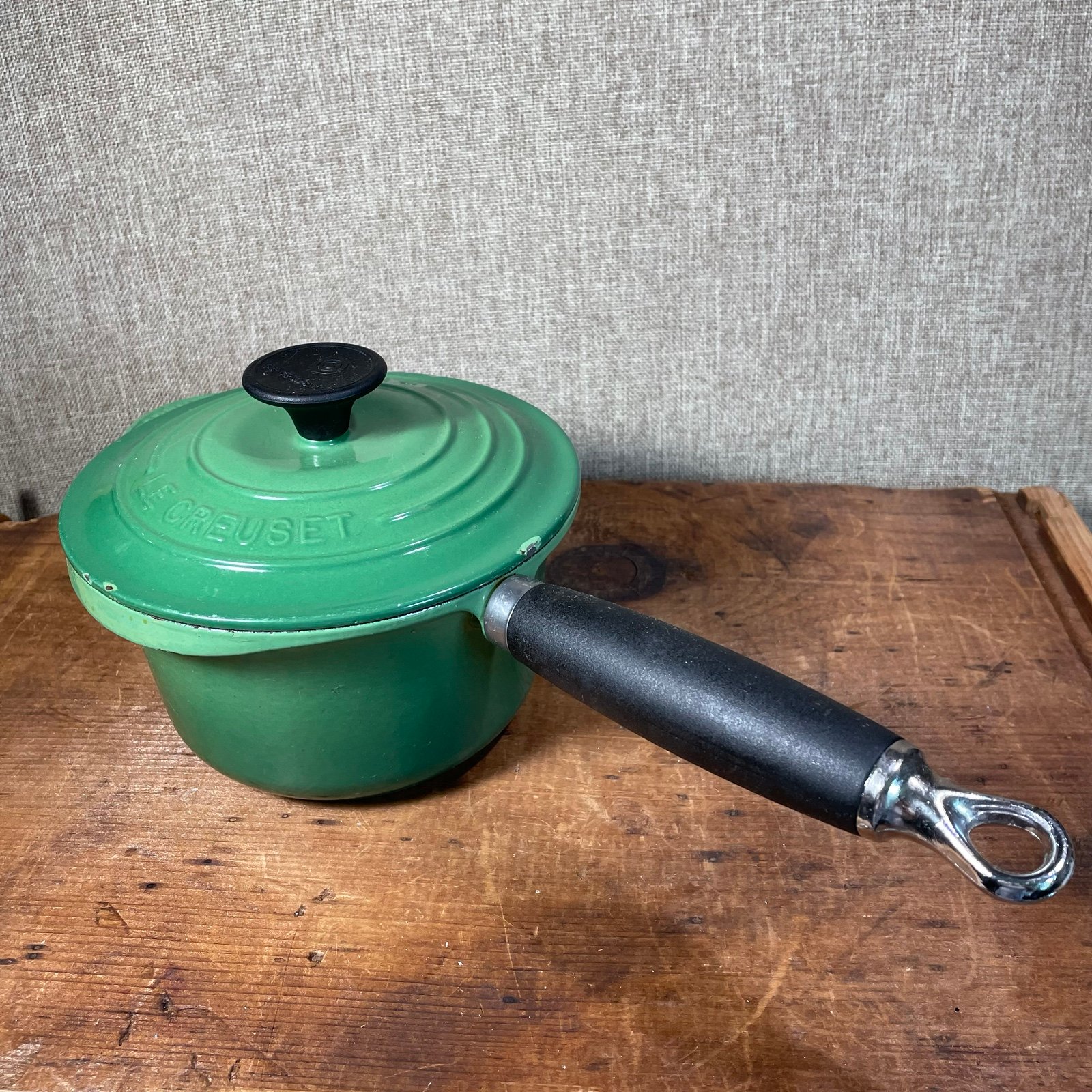 Le Creuset green Cast Iron Sauce Pan & Lid 1 1/4 qt cookware France