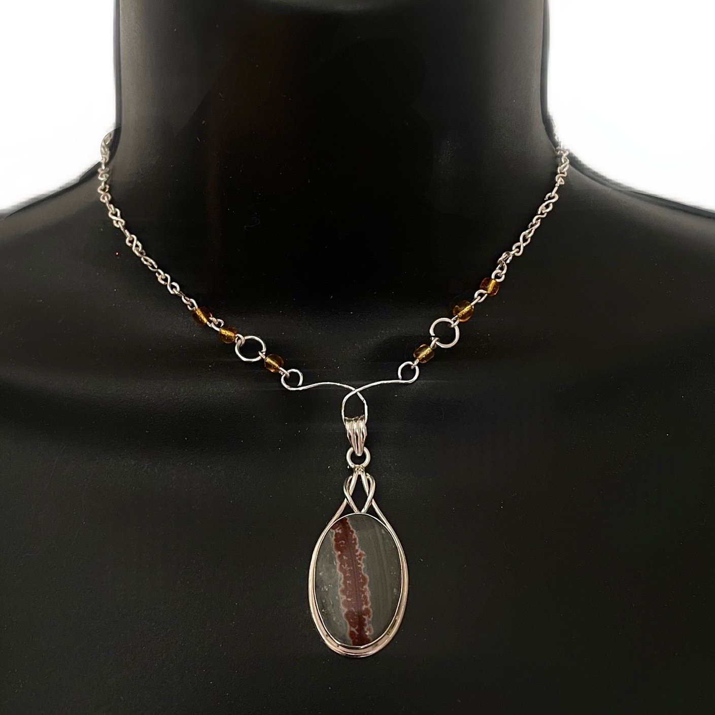 Vintage 925 Silver Dendritic Opal Pendant Necklace with Amber Beads - Handmade B