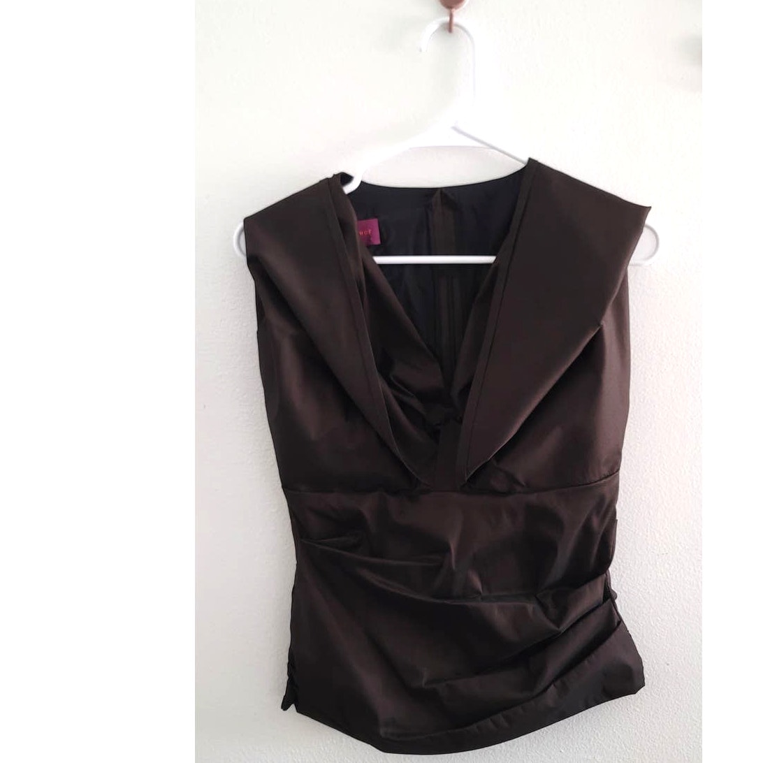 Talbot Runhof Silk Blend Pleated V-Neck Sleeveless Top Brown Size 8