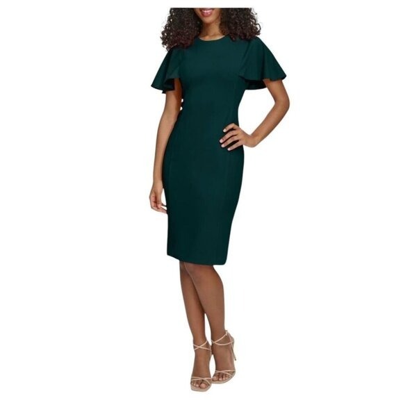 Calvin Klein Womens Dark Green Short Flutter Sleeve Sheath Midi Dress Sz 4 NWT