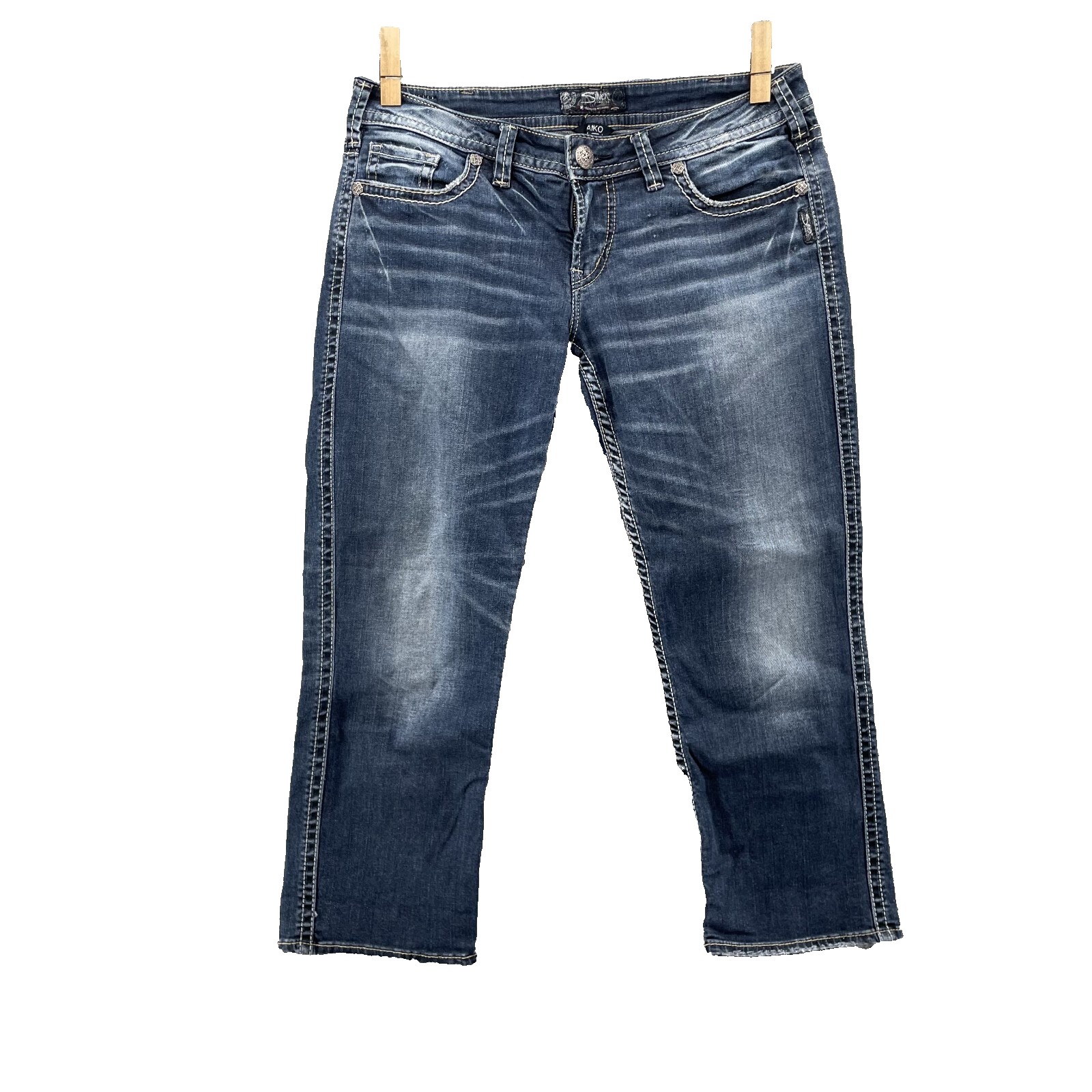 Silver Aiko Capri Jeans Womens 30x23* Whisker Denim Y2k Boho Cowgirl Coastal 90s