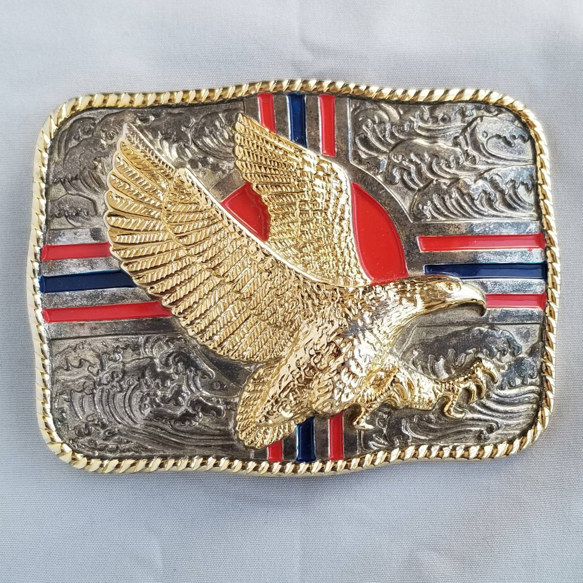 Vintage Belt Buckle Big American Bald Eagle Stripes Western Gold and Silver Colo