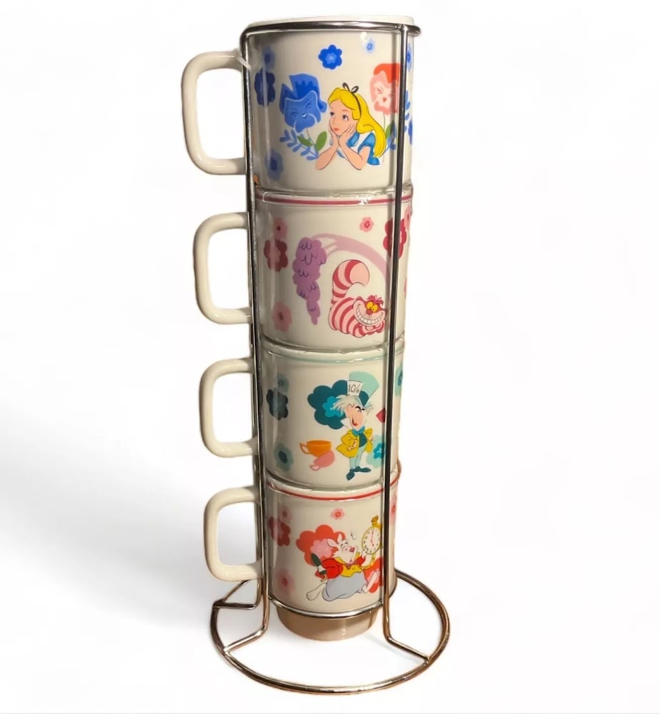 DISNEY ALICE IN WONDERLAND Stacked Mug Set of 4 With Metal Rack BRAND NEW