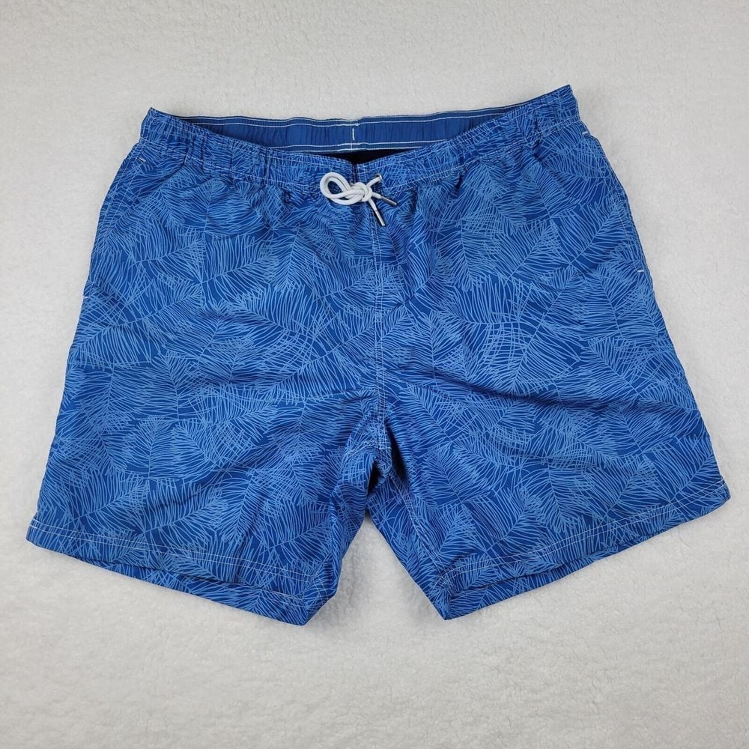 Lands End Lined Swimming Trunks Palm Leaves Mens XL 40 - 42 Polyester Blues