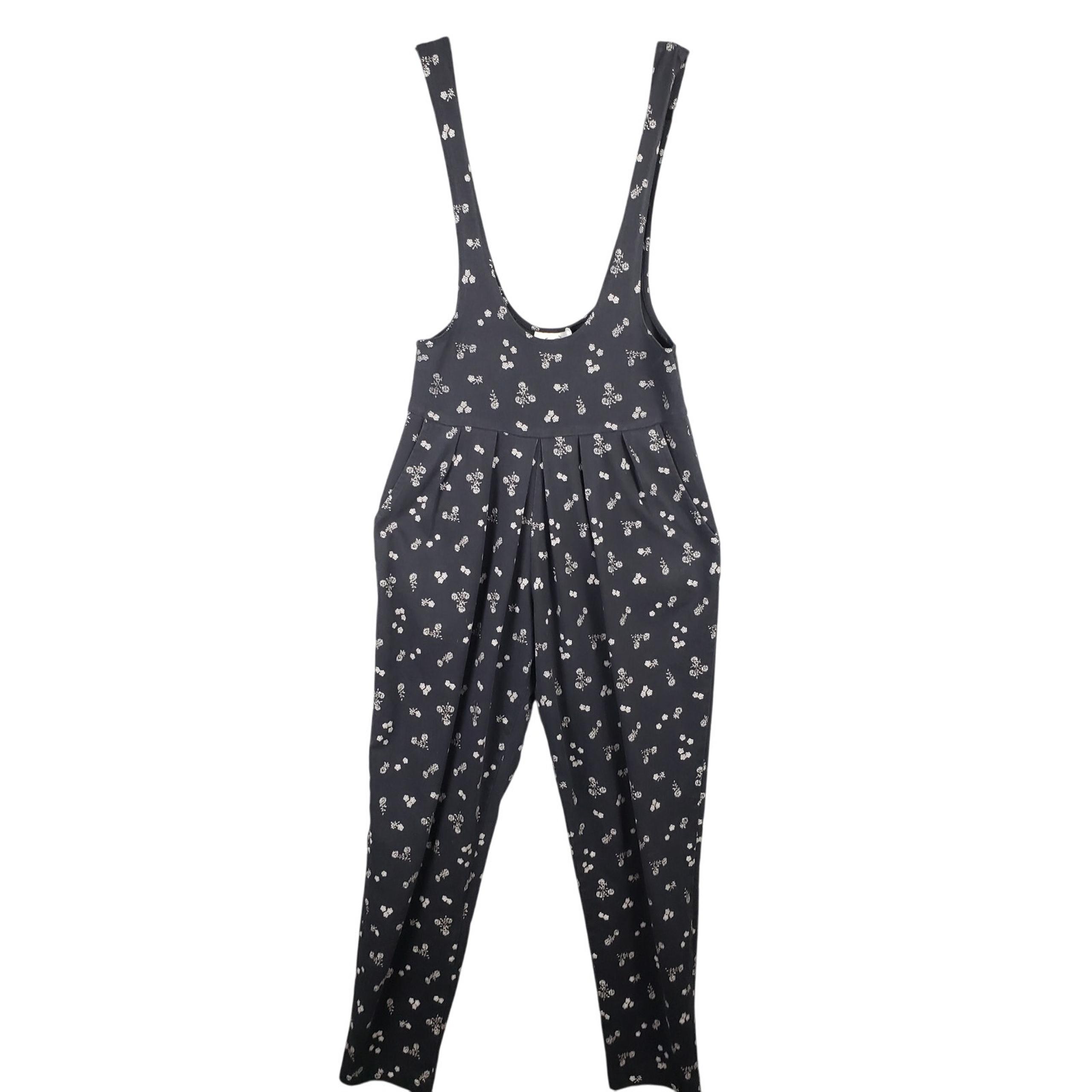 Vintage A. Byer Size M Pleated Front Romper Black White Floral Cottagecore 90's