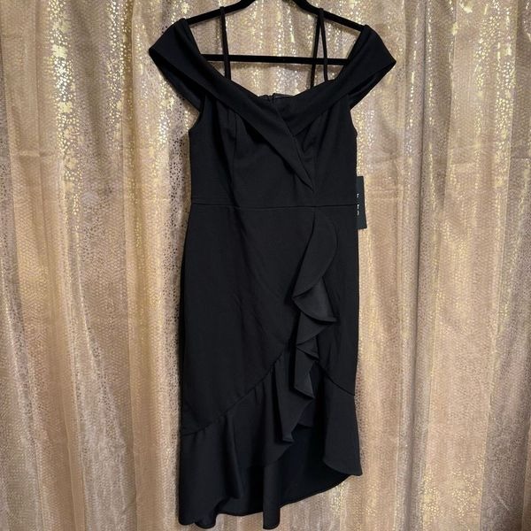 BEBE Black Off The Shoulder Cascade Flounce Ruffle Mini Dress Size 6 NWT