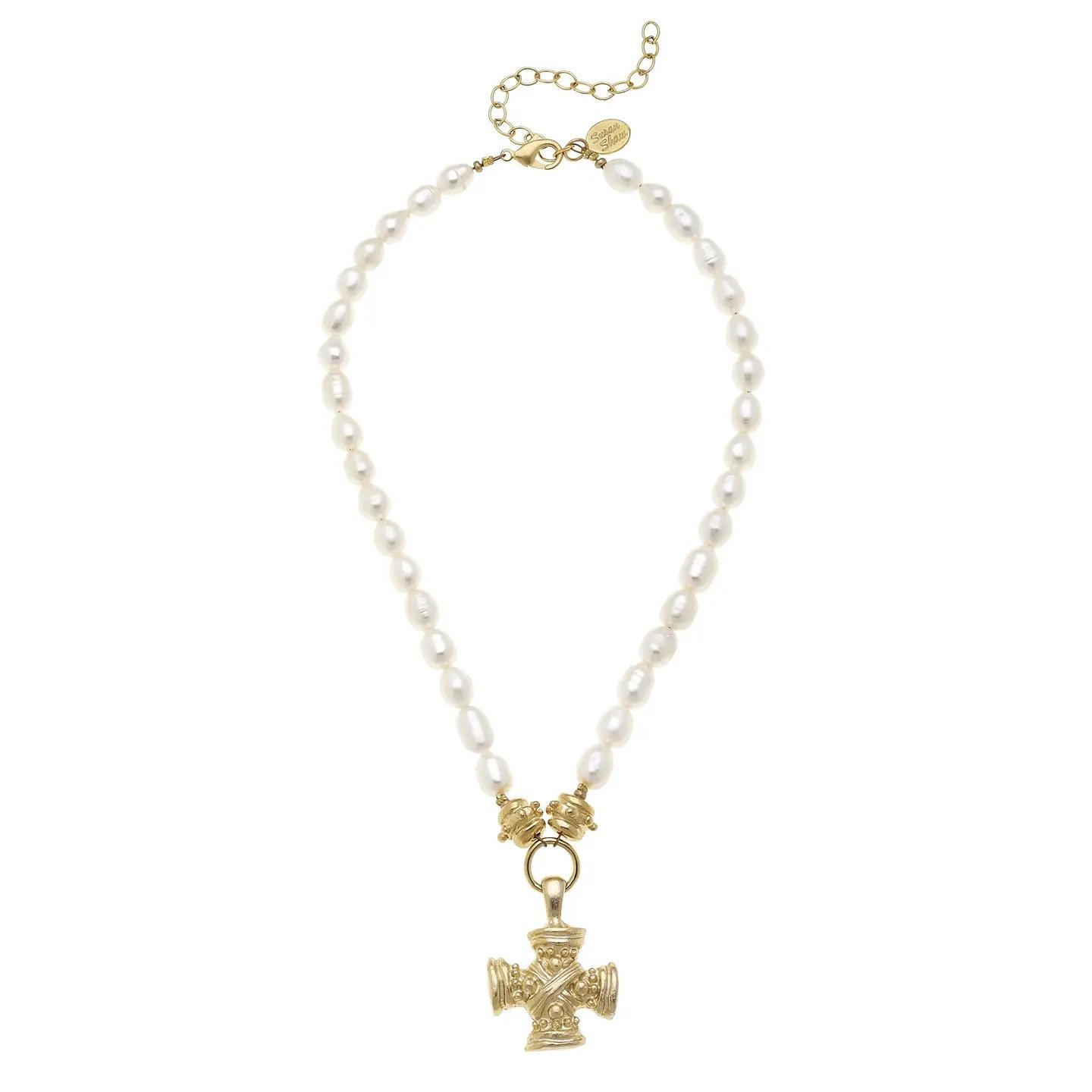 Gold pearl and gold cross necklace