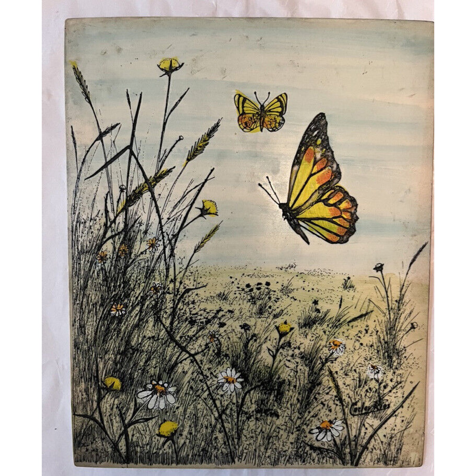 Tile Art Carlos Rios Painted Etched Butterfly & Flowers
