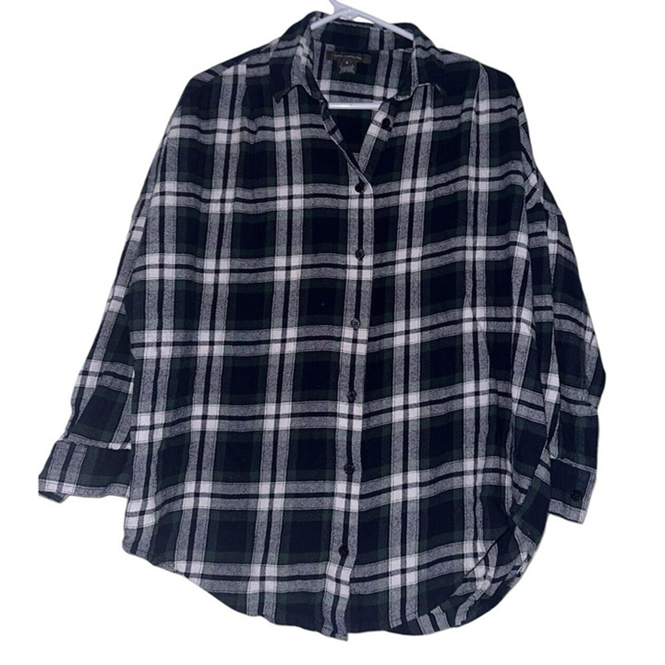 French Connection Womens 100% Cotton Plaid Flannel Shirt Sz S Button Green Navy