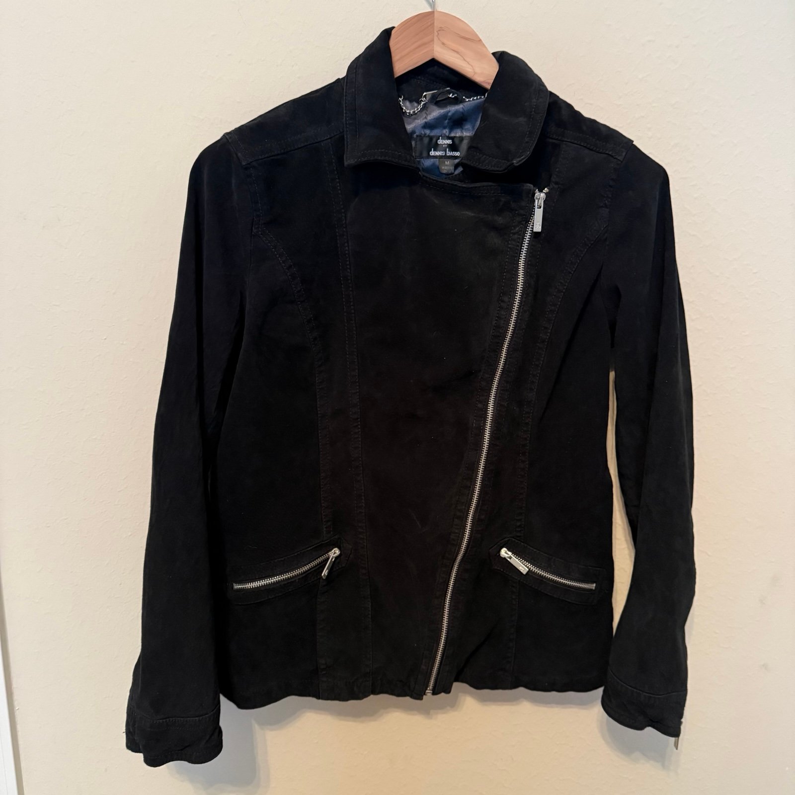Women’s Medium Dennis Basso Genuine Suede Leather Moto Jacket Black Washable