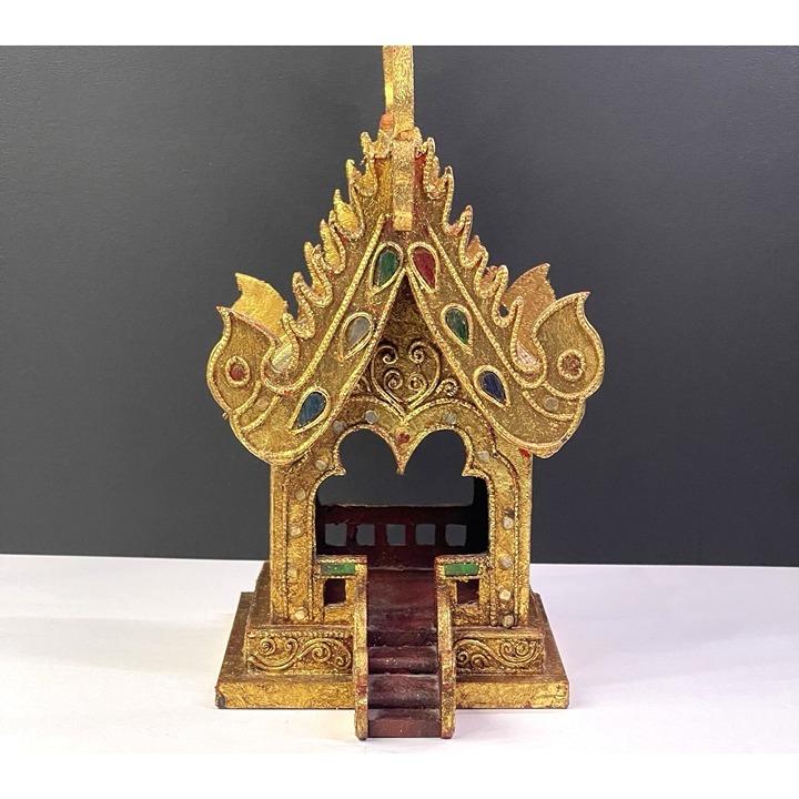 Handcrafted Thai Spirit House Shrine With Gold Leaf Finish & Colorful Glass Mosa
