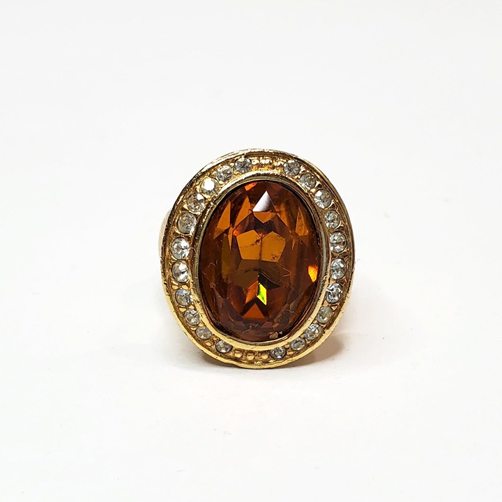 Christian Dior Orange Topaz Faceted Glass Rhinestone Ring Adjustable Shank