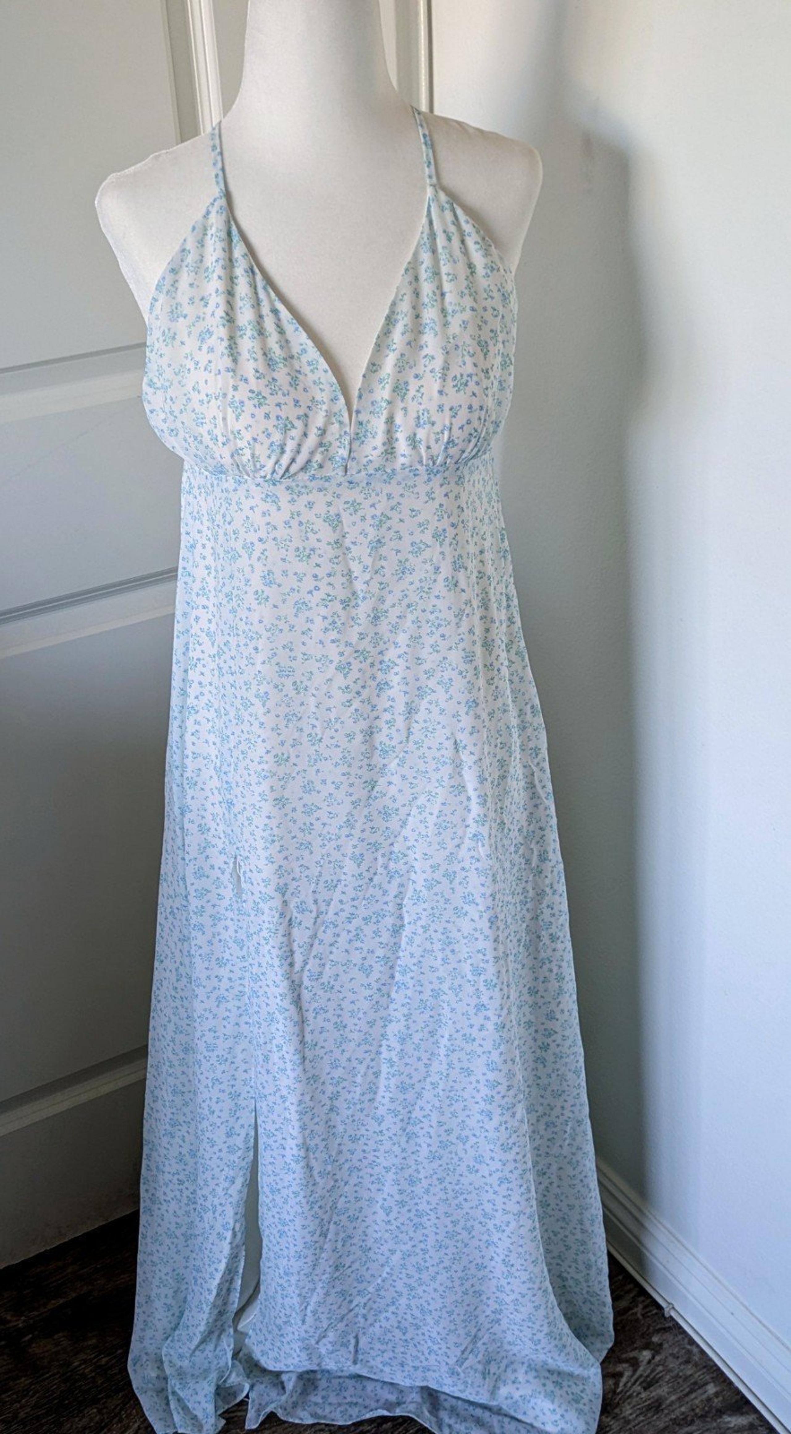 Beach Dress Floral Blue Maxi Skirt w/ Lining, Front Slit. Side Zipper Medium.