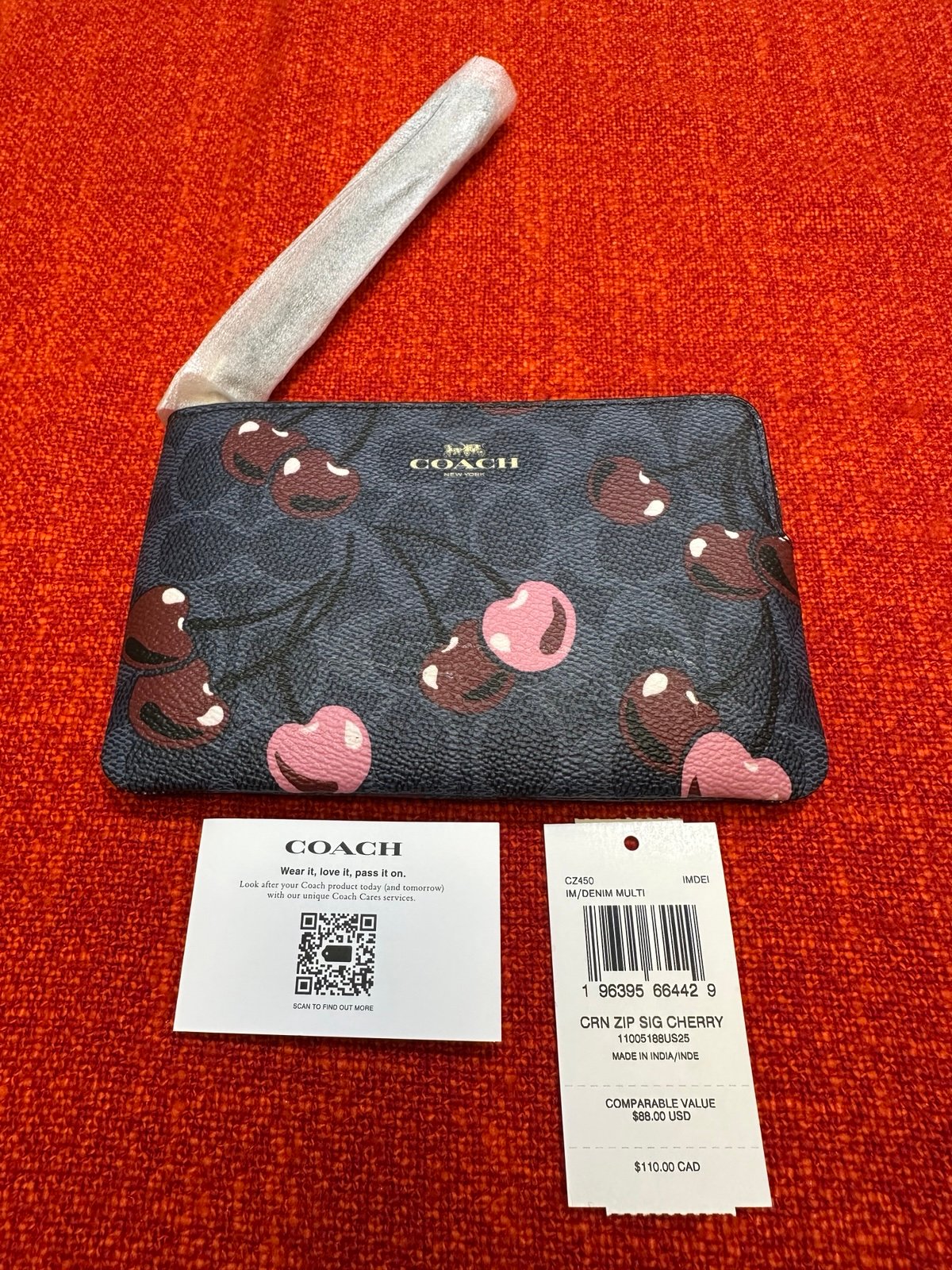 Coach Corner Zip Wristlet In Signature Canvas With Cherry Print
