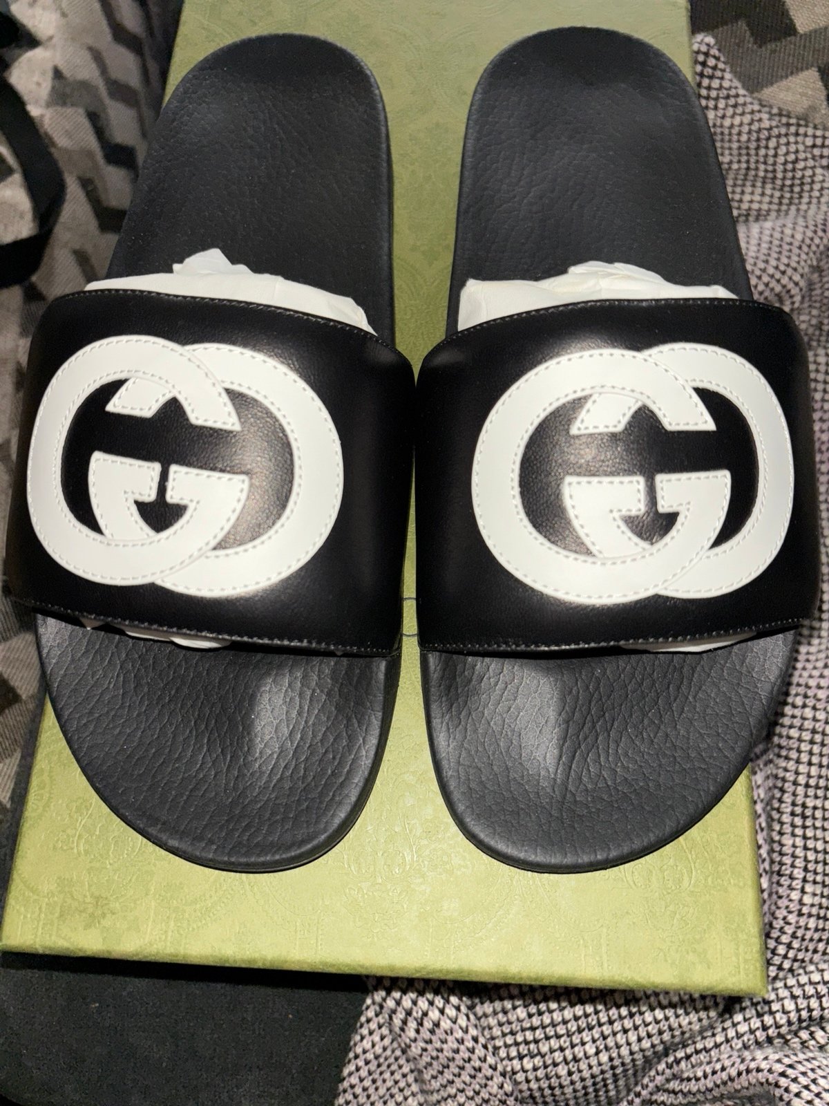 Gucci Black/White GG Men Size 10 Interlocking Slides Sandals Leather White logo