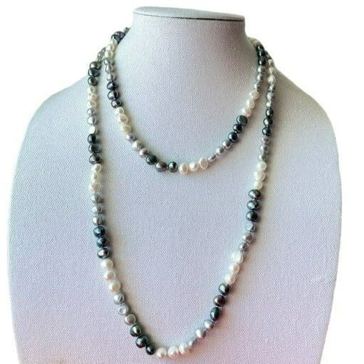 Black Gray White Real Cultured Freshwater Baroque Pearls Handmade Necklace 47in