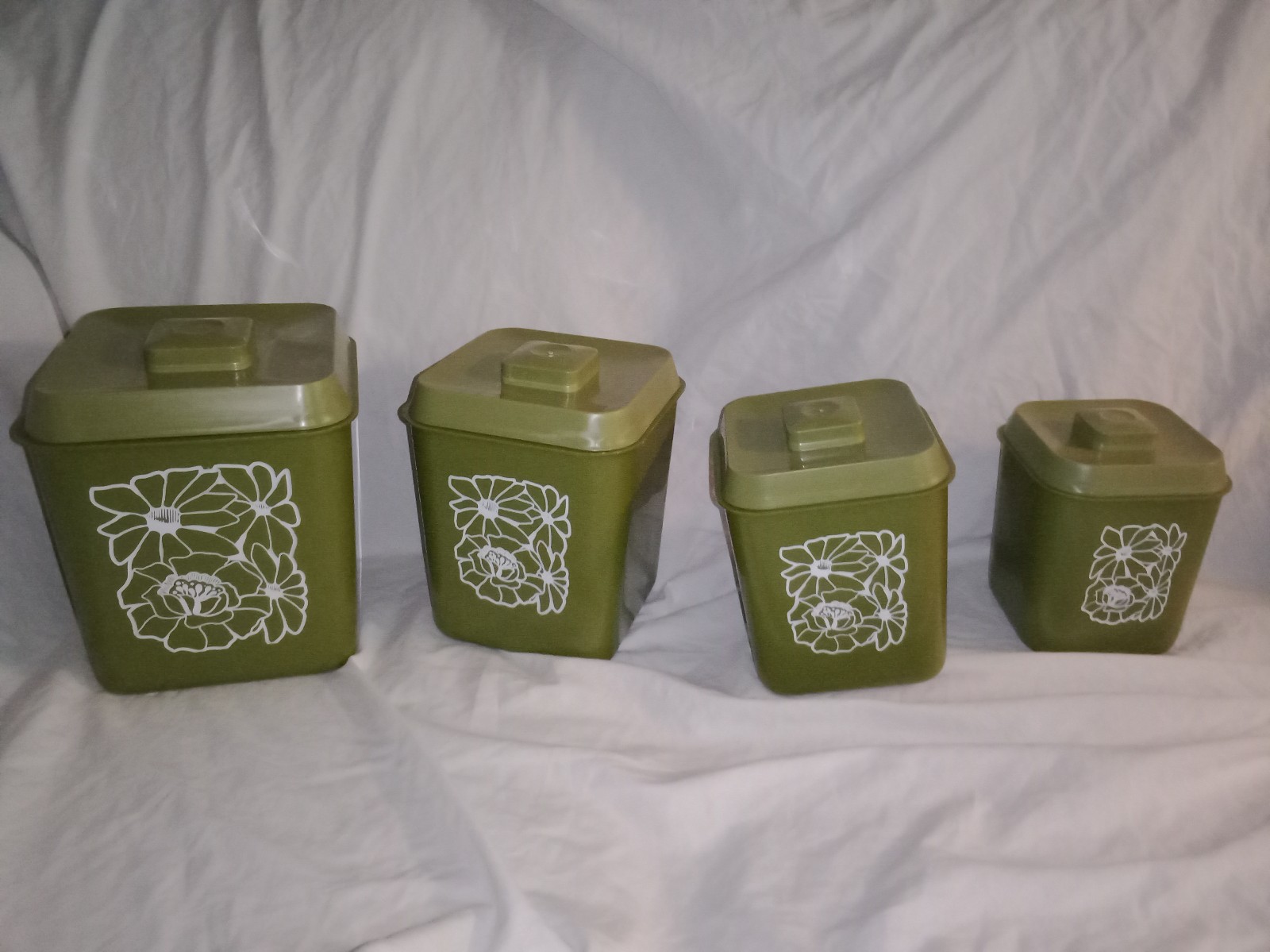 Mid Century Modern Olive Green Kitchen Canister Set of 4 Flowers MCM Retro