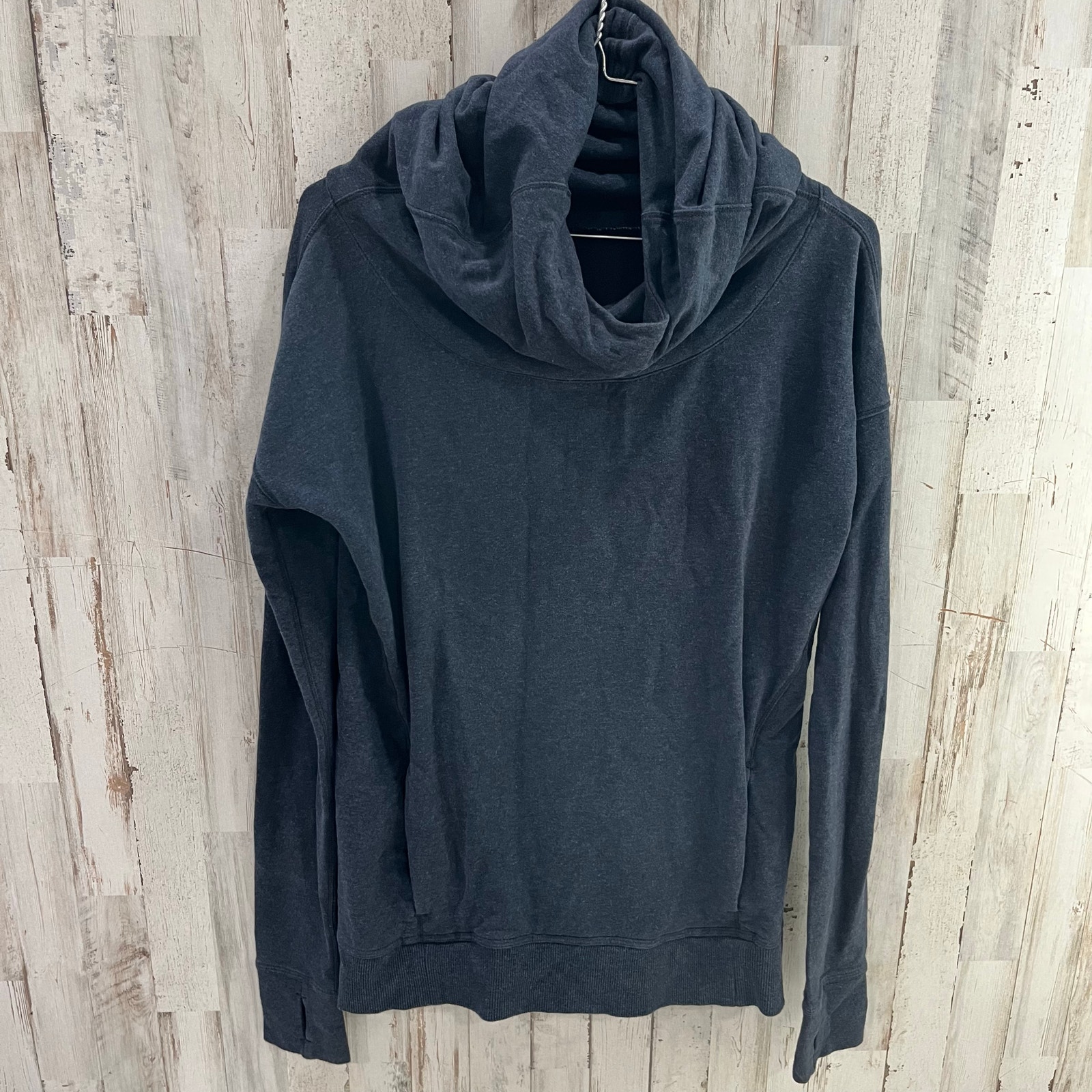 Lululemon Stress Less Cowl Hoodie Heathered Navy Blue Soft Pockets Womens Size 4