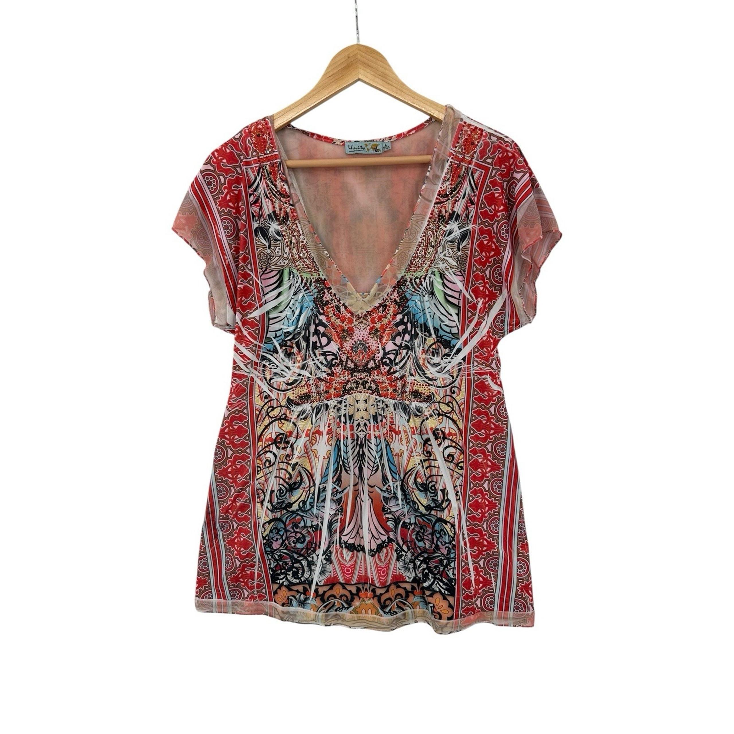 Unity World Wear Babydoll Top Blouse Womens L Boho Peasant Flowy Studded Mesh