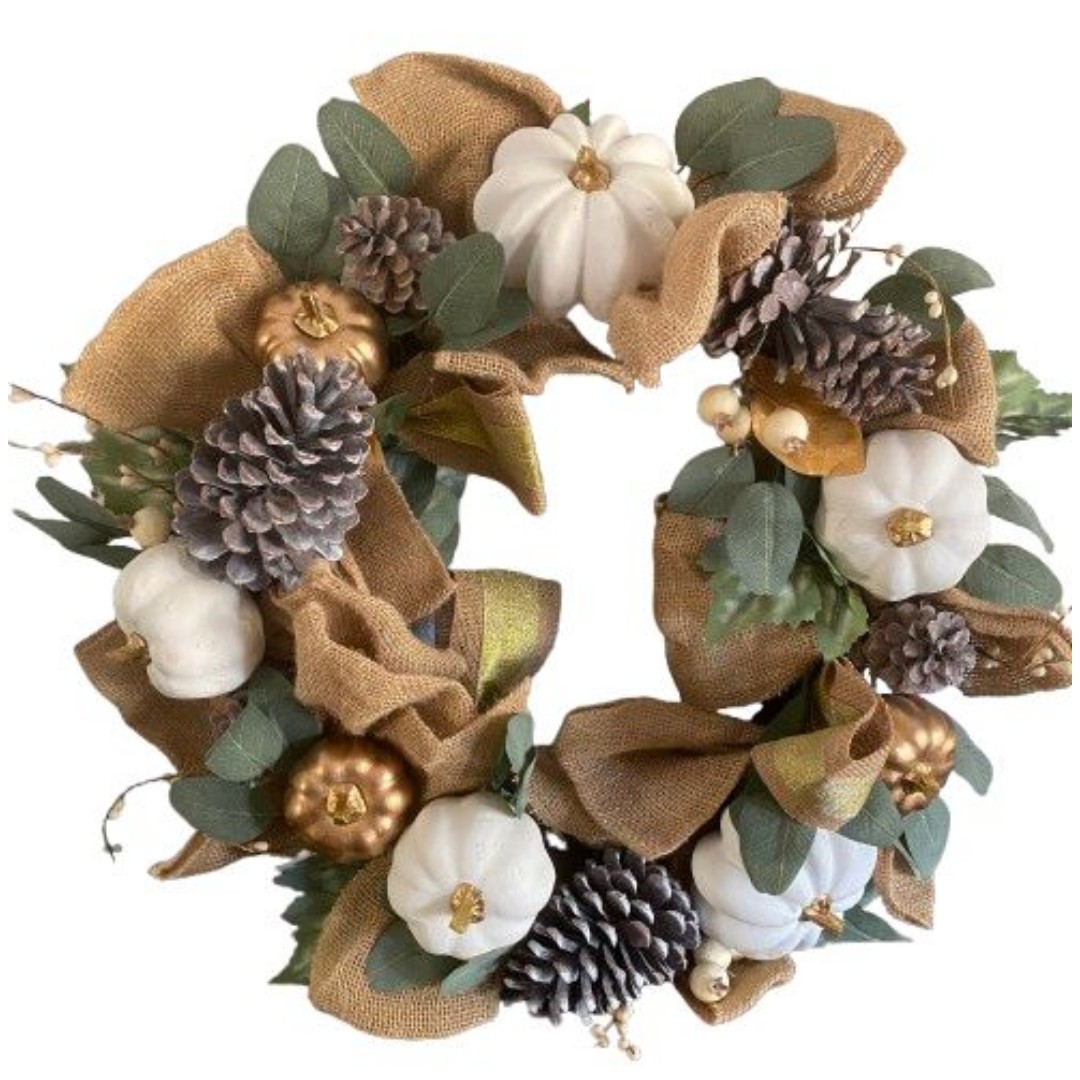 Pottery Barn Fall Holiday Pumpkins Pine cones Shabby Chic Farmhouse Wreath